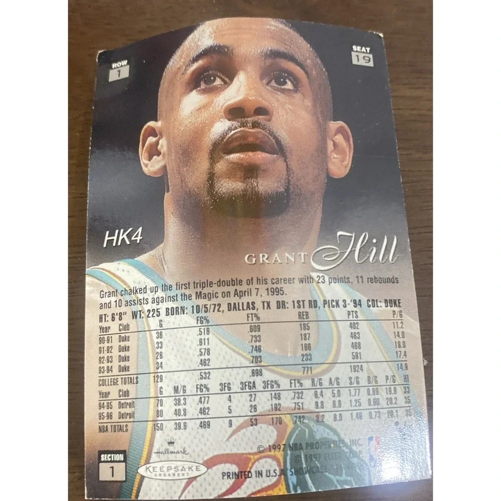 1998 Hallmark Keepsake GRANT HILL Ornament w/ Flair Showcase Card - DUKE PISTONS